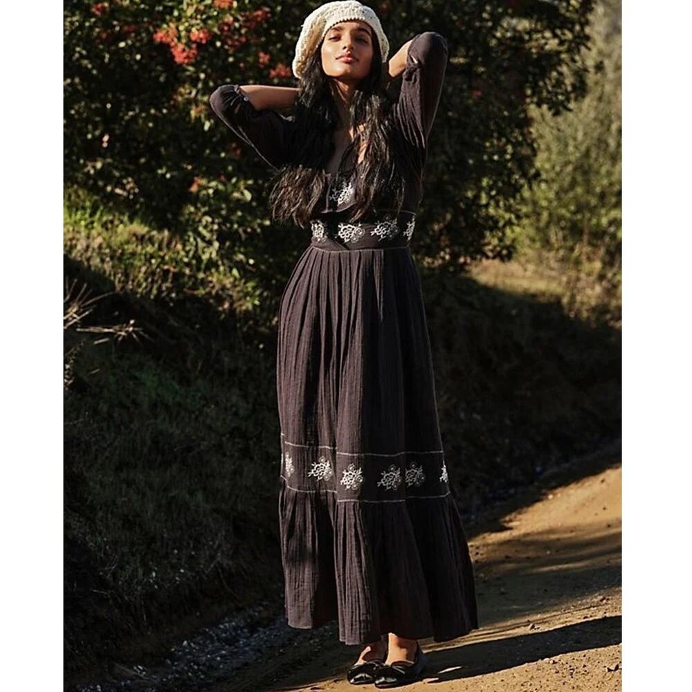 New Free People Lovers Lane Maxi Dress Ruffle Embroidery Floral Smocked Black XS